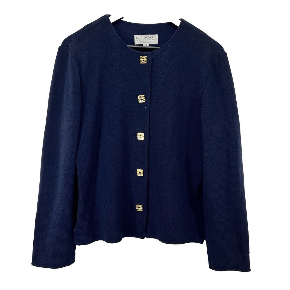 St John Santana Knit Cardigan Sz 12 Navy Logo Gold Buttons Old Money Preppy